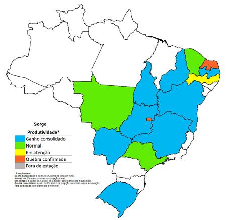 Figura 49 - Mapa da estimativa de produtividade - Sorgo Quadro 11 - Histórico das condições hídricas gerais e possíveis impactos nas diferentes fases* da cultura nas principais regiões produtoras do