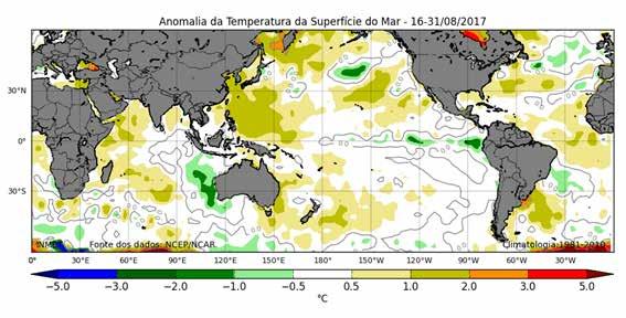 7.3. Condições oceânicas recentes e tendência O mapa de anomalias da temperatura na superfície do mar (TSM) da última quinzena de agosto (Figura 5) mostra uma mudança em relação à primeira, com o