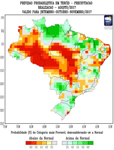 7.4. Prognóstico climático período setembro-outubro- novembro/2017 Os modelos de previsão climática indicam para a Região Sul maior probabilidade em que as chuvas ficarão dentro da faixa normal ou