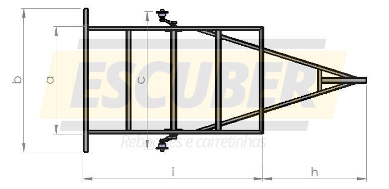 Chassis Carretinha Tipo: Chassis CAR Modelo: Carga seca Material: AISI 1020 Perfil: UDC Solda: MIG PBT: 500 kg Tow bar: Quadrado 60 mm Eixo: UBR 500 Fabricante: Escuber Chassis PBT Código Escuber a b