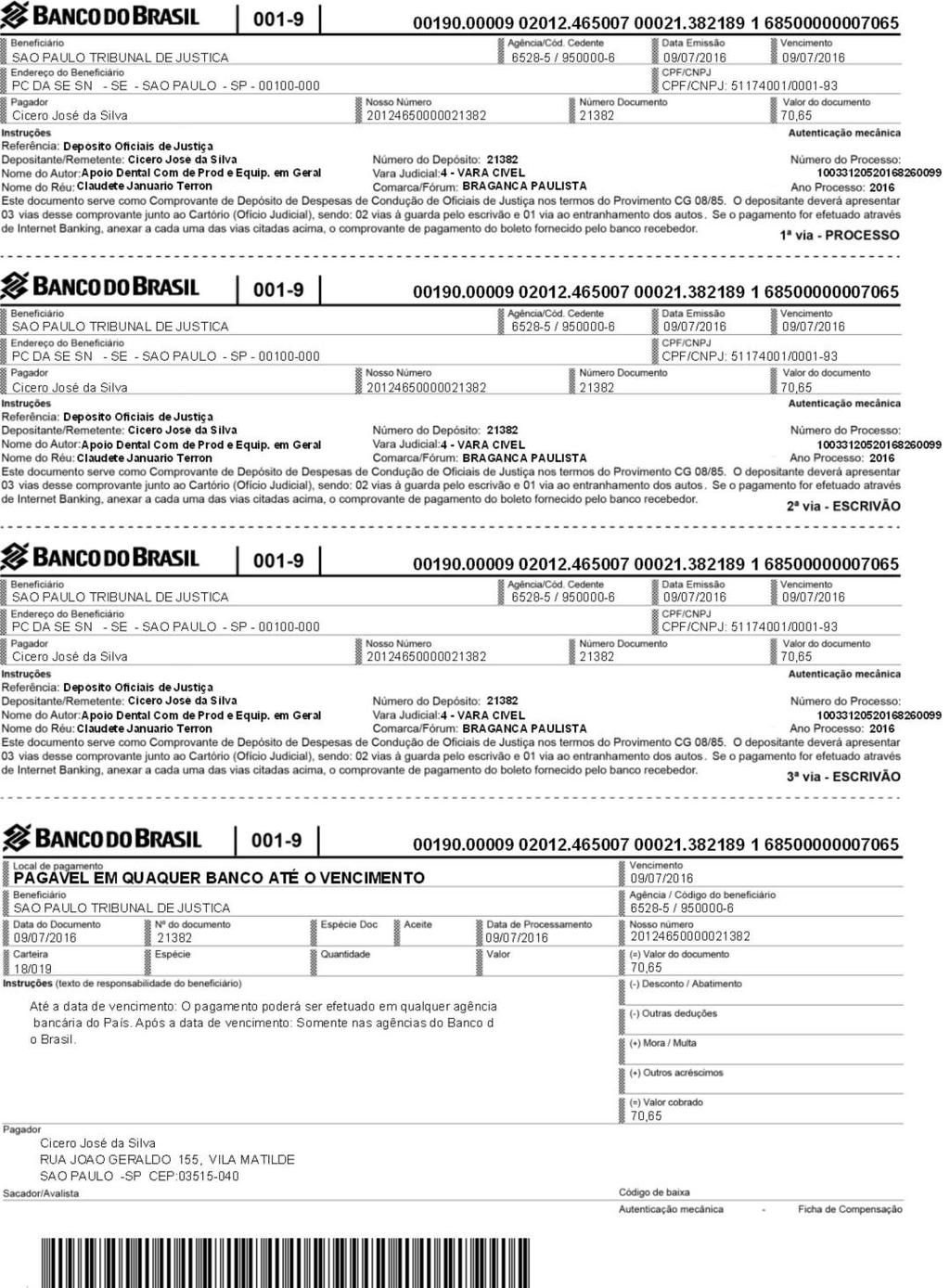 [bb.com.br] - Boleto gerado pelo sistema 2a VIA BOLETO- Oficias de Justiça - São Paulo. 04/07/2016 14:56:54 fls.