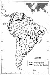 O texto aponta a importância da bacia hidrográfica e o mapa cartografa as 5 (cinco) principais bacias do Continente Sul Americano, dominado por grandes rios.