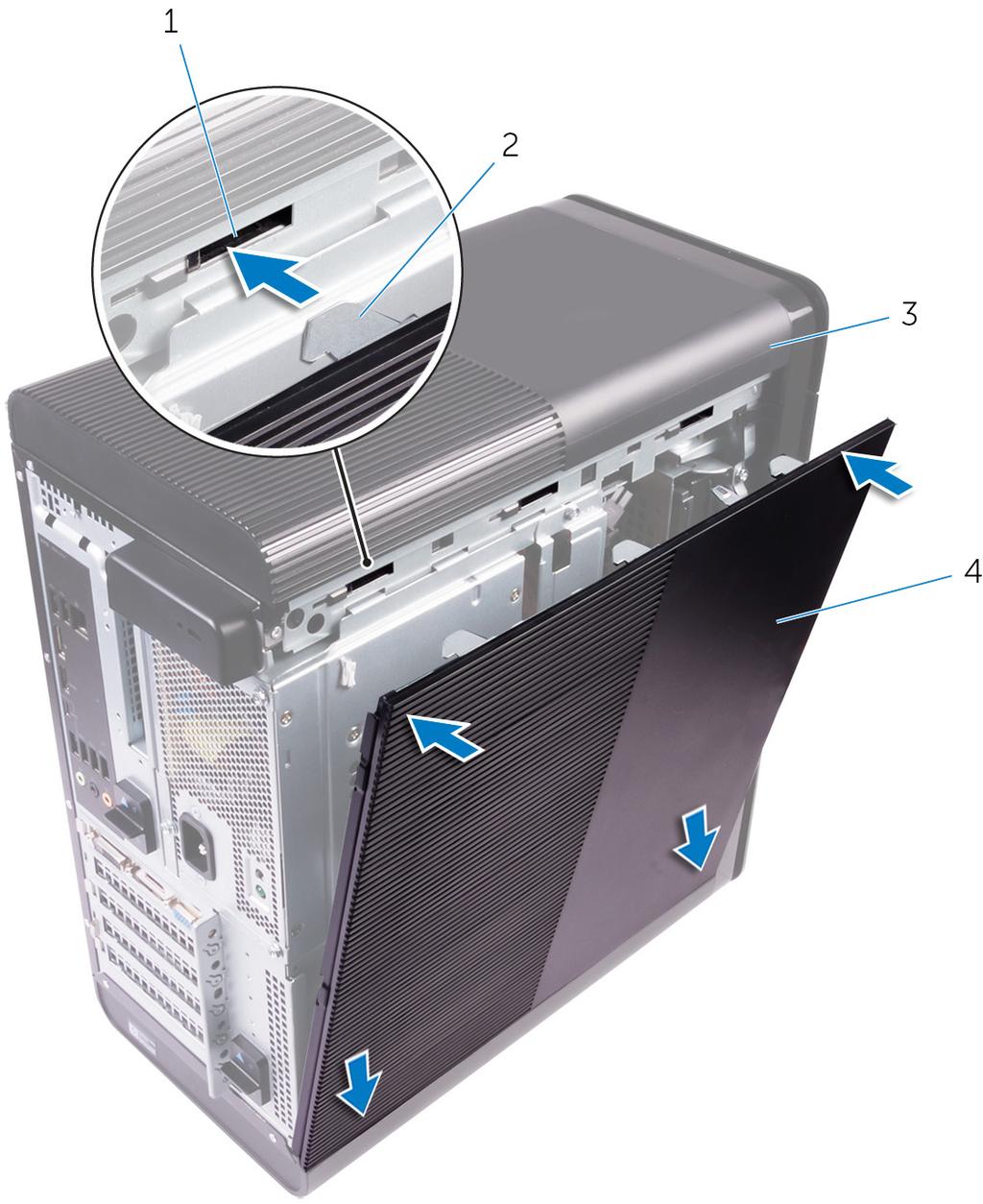 Procedimento Alinhe as abas na tampa lateral direita com os slots no chassi na parte inferior e encaixe a tampa lateral