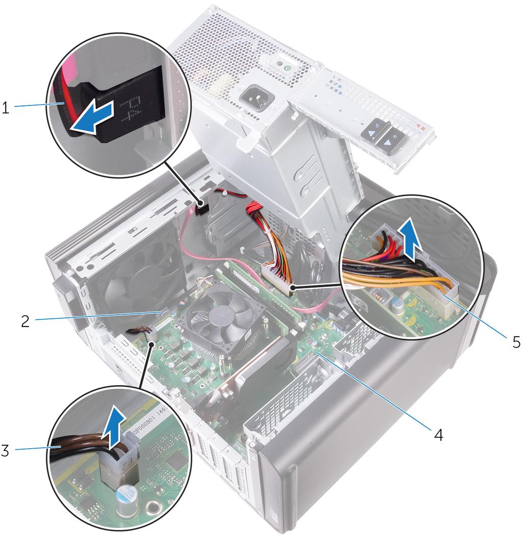 3 Desconecte da placa de sistema os cabos de alimentação da CPU e da placa de sistema. Desconecte o cabo de alimentação da unidade óptica da respectiva unidade.