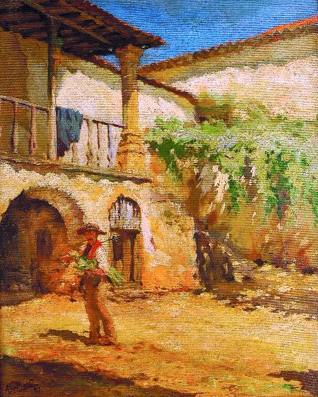 99 ABEL MANTA - 1888-1982 "Pátio rural com figura masculina", óleo sobre tela, assinado e