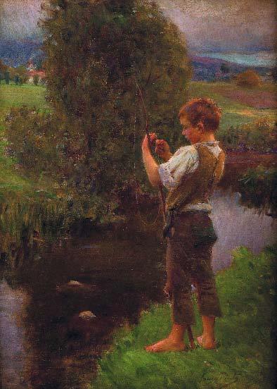 104 SOUSA PINTO - 1856-1939 "Menino pescando no riacho", óleo sobre tela,