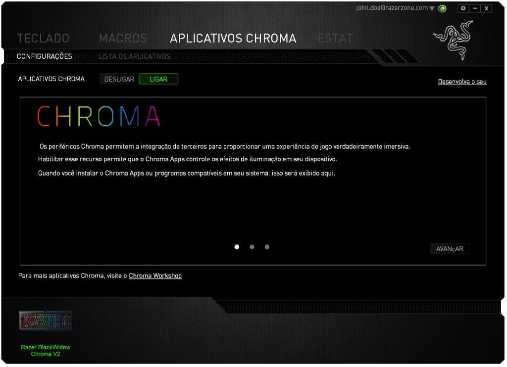 GUIA APLICATIVOS CHROMA A guia Aplicativos Chroma permite que aplicativos de terceiros acessem seus dispositivos compatíveis com Chroma e desbloqueiem funcionalidades adicionais durante o uso de