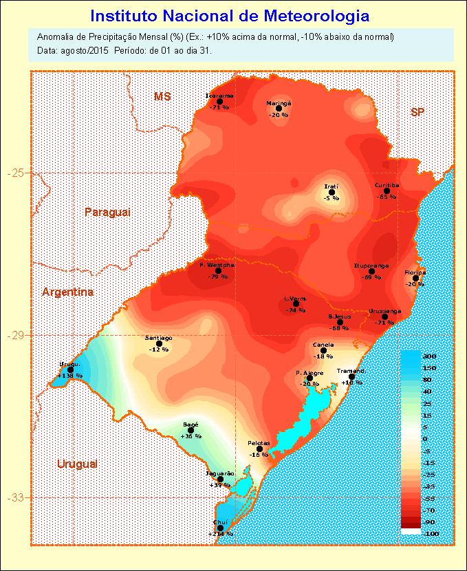 PRIMAVERA COM CHUVA ACIMA DO PADRÃO CLIMATOLÓGICO Introdução (análise do mês de agosto/2015) No mês de agosto, as precipitações no Rio Grande do Sul (Figura 1) ficaram dentro do