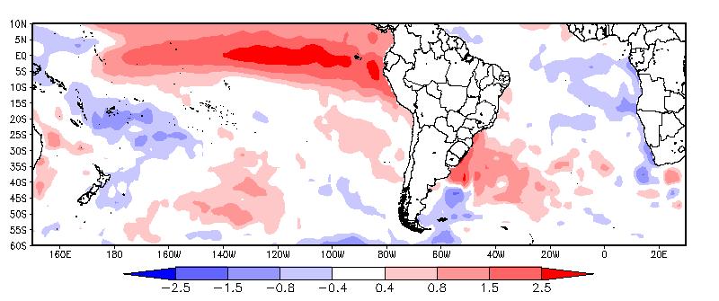 anomalia positiva. Este padrão configura um evento El Niño de forte intensidade para os próximos meses.