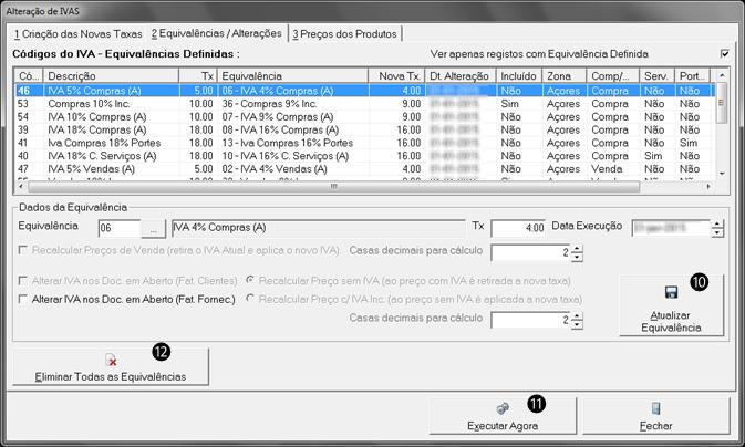 Configuração individual de equivalências de taxas Após a aplicação das definições do processo anterior, são apresentadas as equivalências propostas pela aplicação, no separador