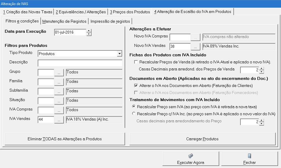 Alteração de escalões de taxas: definição de equivalências Esta opção destina-se à proceder à modificação de escalões de taxas, por via de alterações às listas anexas ao Código do IVA, referentes aos