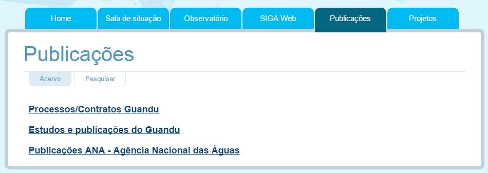 SIGA-GUANDU MANUAL DO USUÁRIO 20 2.2.4 PUBLICAÇÕES Na seção "Publicações", o usuário poderá verificar alguns trabalhos publicados sobre as Bacias Hidrográficas dos Rios Guandu, da Guarda e Guandu-Mirim.
