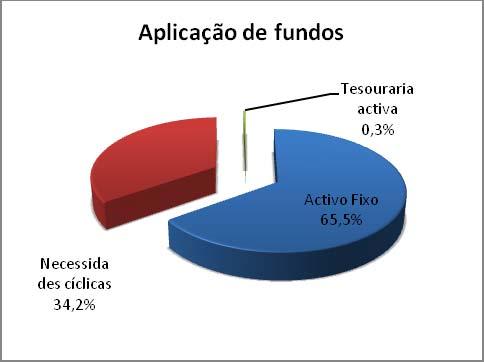 As aplicações de recursos eram financiadas, em 52%, por capitais permanentes (capitais próprios e empréstimos a médio e longo prazos), 35% por recursos cíclicos (créditos de fornecedores e outras