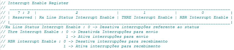 Configuração Serial voidconfuart() { // Seleciona o pino para utilização da UART0 PINSEL0 = 0x00000050; //P0.0 TxD0 = 01, P0.