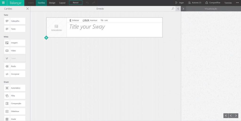 O Sway é muito intuitivo, funciona como um álbum de recortes, você vai inserindo as informações que podem ser do seu