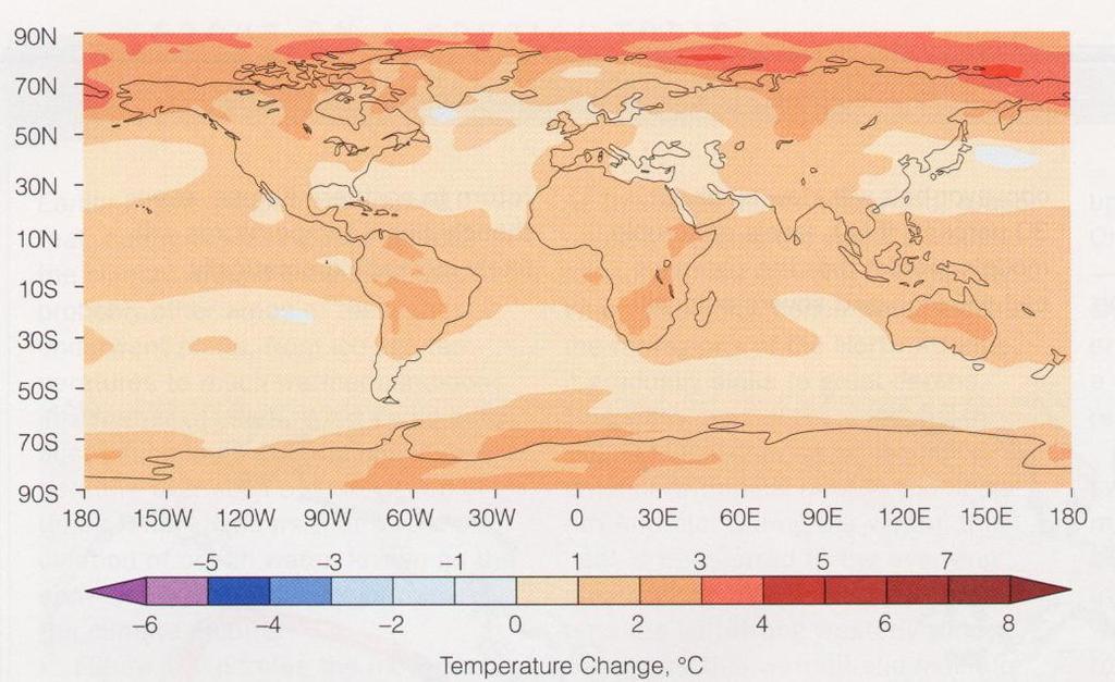 Previsão de aumento não uniforme de temperaturas Projeção para 1950 de mudança nas temperaturas de superfície devido a uma duplicação
