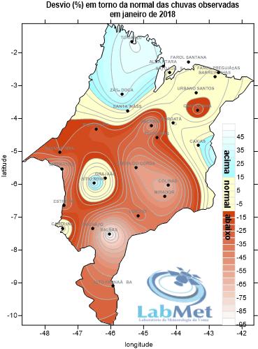 Figura 7: Distribuição das chuvas em Janeiro de 2018 no Maranhão: Desvios percentuais.