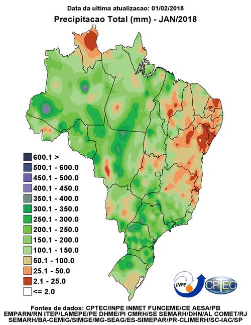 Figura 4 Distribuição de chuvas no Brasil em janeiro de 2018. Fonte: CPTEC.