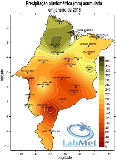 Figura 6 - Distribuição das chuvas em janeiro de 2018 no Maranhão: valores observados.