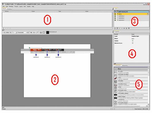 Trabalhos Relacionados 23 Figura 3 - Interface gráfica do Cardinal Studio Na figura acima, a região 1 (um) é formada pelo editor de eventos e pelo editor de timeline (linha do tempo), os quais são