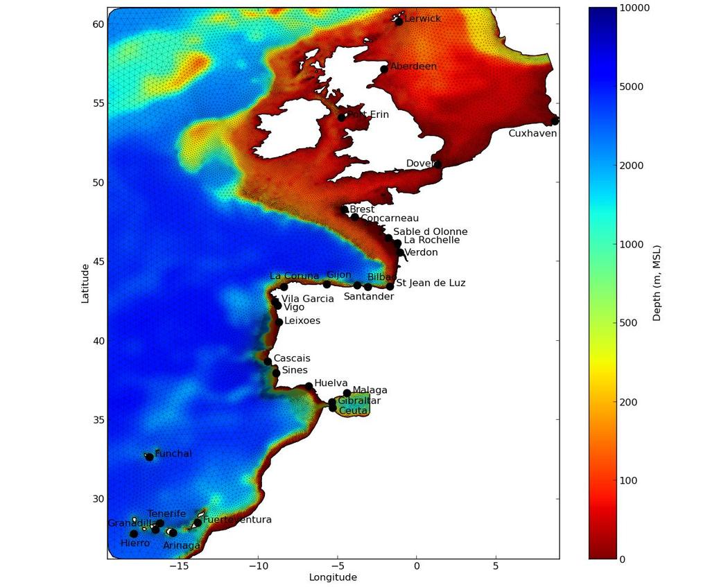 Modelo regional Os níveis de maré na fronteira oceânica do modelo hidrodinâmico, necessários para impor as condições de fronteira do modelo, foram determinados com base no modelo regional de