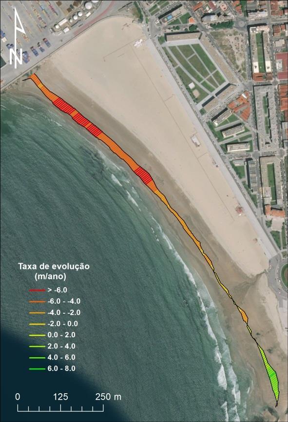 Figura 3.13 Taxa de evolução (m/ano) da linha de nível médio do mar entre 2008 e 2012 (valores negativos correspondem a recuo e positivos a progradação da linha de costa).