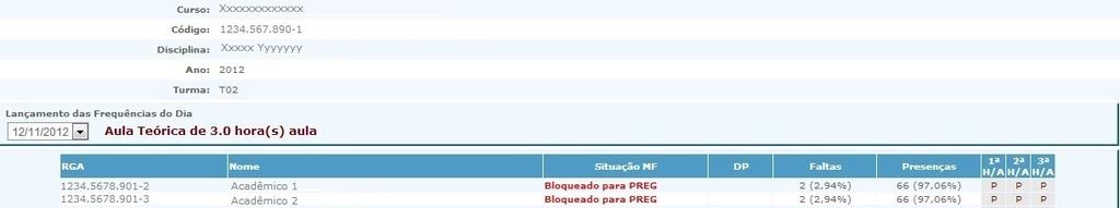 7.3 Frequência por Aula Figura 25: Frequência por Aula. As disciplinas são listadas como mostrado na Figura 15.