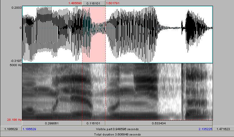 Espectrograma 4- - Espectrograma do apagamento do /r/ em coda na palavra mulher. O som em questão encontra-se entre linhas verticais corresponde a [ b] 4.2 