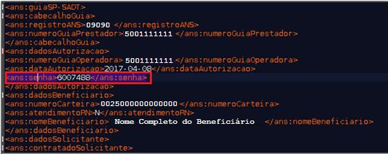 Para os prestadores que enviam a conta através do arquivo XML, deve ser informado no arquivo de cobrança o número da senha autorizada, conforme figura abaixo.