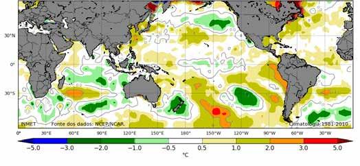 7.2. Condições oceânicas no Pacífico e Atlântico O mapa de anomalias da temperatura na superfície do mar (TSM) da segunda quinzena de janeiro (Figura 3) mostra que a área com águas mais frias no