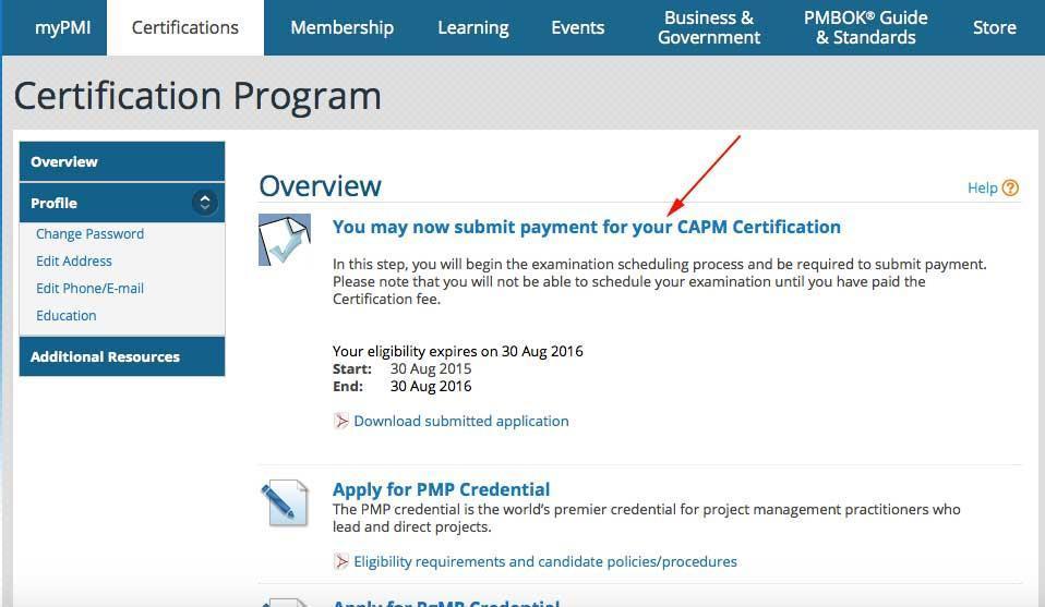Após ser redirecionado no link contido no email, clique sobre o link You may now submit payment for your CAPM/PMP Certification para realizar o pagamento.