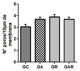 47 Em relação à densidade de grânulos de BNP, verificamos diminuição de 34% do GA em relação ao GC, diminuição de 43% do GR em relação ao GC e diminuição de 48% do GAR em relação ao GC (Fig.17).