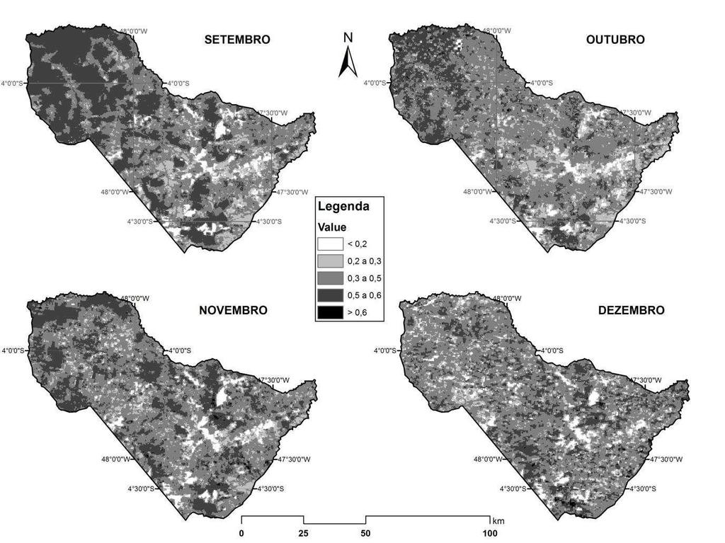 Figura 3: Dinâmica mensal de Normalized Difference Vegetation Index (NDVI) no período de setembro a dezembro de 2012 no município de Dom Eliseu, PA.