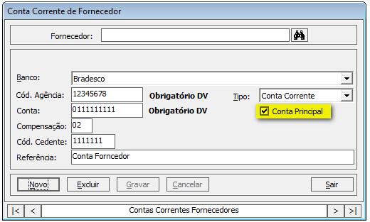 Importante: Para que o sistema preencha automaticamente a Conta Corrente Principal do Fornecedor do Empenho, verifique se há dados informados no Menu Cadastros > Conta Corrente Fornecedor.