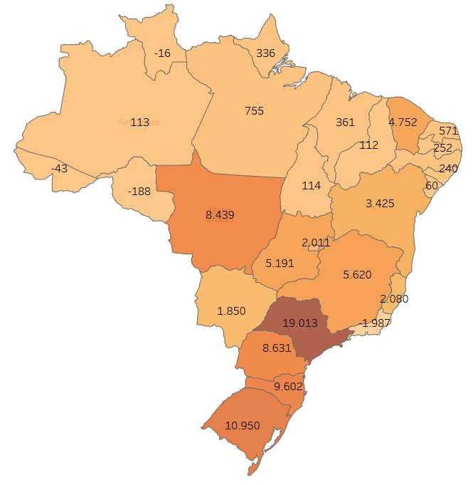 Mapa da distribuição dos saldos de empregos gerados pelos