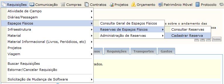 Sistema Módulo Usuário Perfil Reservar Espaços Físicos SIPAC Espaços Físicos Todos Servidor Esta funcionalidade é utilizada por todos os usuários com habilitação para realizar reservas de espaços