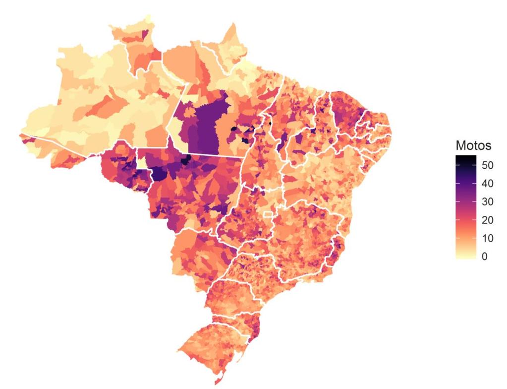 Figura 4 Taxa de motos no Brasil a cada 100 pessoas, em abril de 2018 As regiões brasileiras viram uma mudança do perfil de sua frota nos últimos anos, conforme dito anteriormente. Em 2.