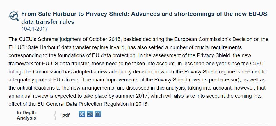 Safe Harbour & EU-US Privacy Shield Fonte: http://www.europarl.