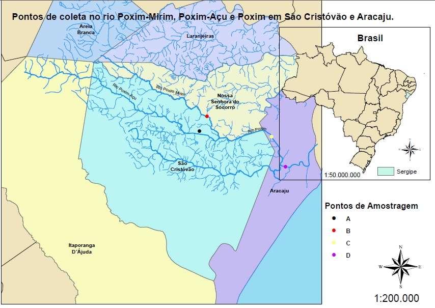 Fig. 1. Pontos de coleta no percurso do rio Poxim-Mirim, Poxim-Açu e Poxim em São Cristóvão e Aracaju. 3.2.