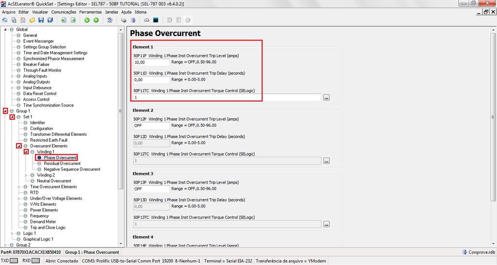 3.3. Phase Overcurrent INSTRUMENTOS PARA TESTES ELÉTRICOS Clique ao lado de Group1 > Set 1 > Overcurrent Elements > Winding 1 em seguida em Phase Overcurrent.