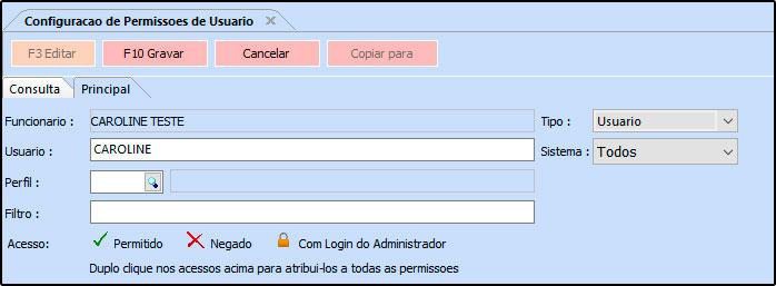 Para efetuar este procedimento acesse o caminho indicado acima, filtre o funcionário que deseja alterar as permissões, clique em Editar e o sistema vai abrir a tela abaixo: Usuário: É possível