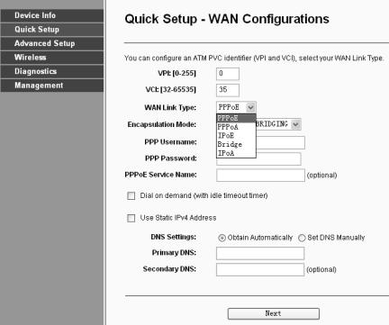 Configuração dos Parâmetros de Internet Irá aparecer essa página. Insira os valores de VPI e VCI fornecidos pela sua operadora Escolha o WAN Link Type dado pela sua operadora.