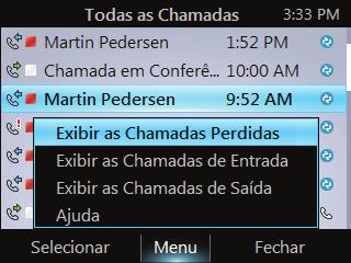 Exibir os logs de chamadas A tela de logs de chamadas mostra a história das chamadas recebidas, feitas e perdidas no telefone. Para exibir os logs de chamadas 1.