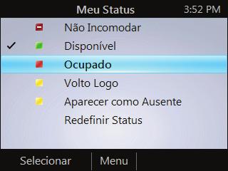 Alterar seu status Seu status de presença é determinado por sua agenda e atividade. Por exemplo, quando você estiver numa reunião agendada ou numa chamada, seu status mostra Ocupado.