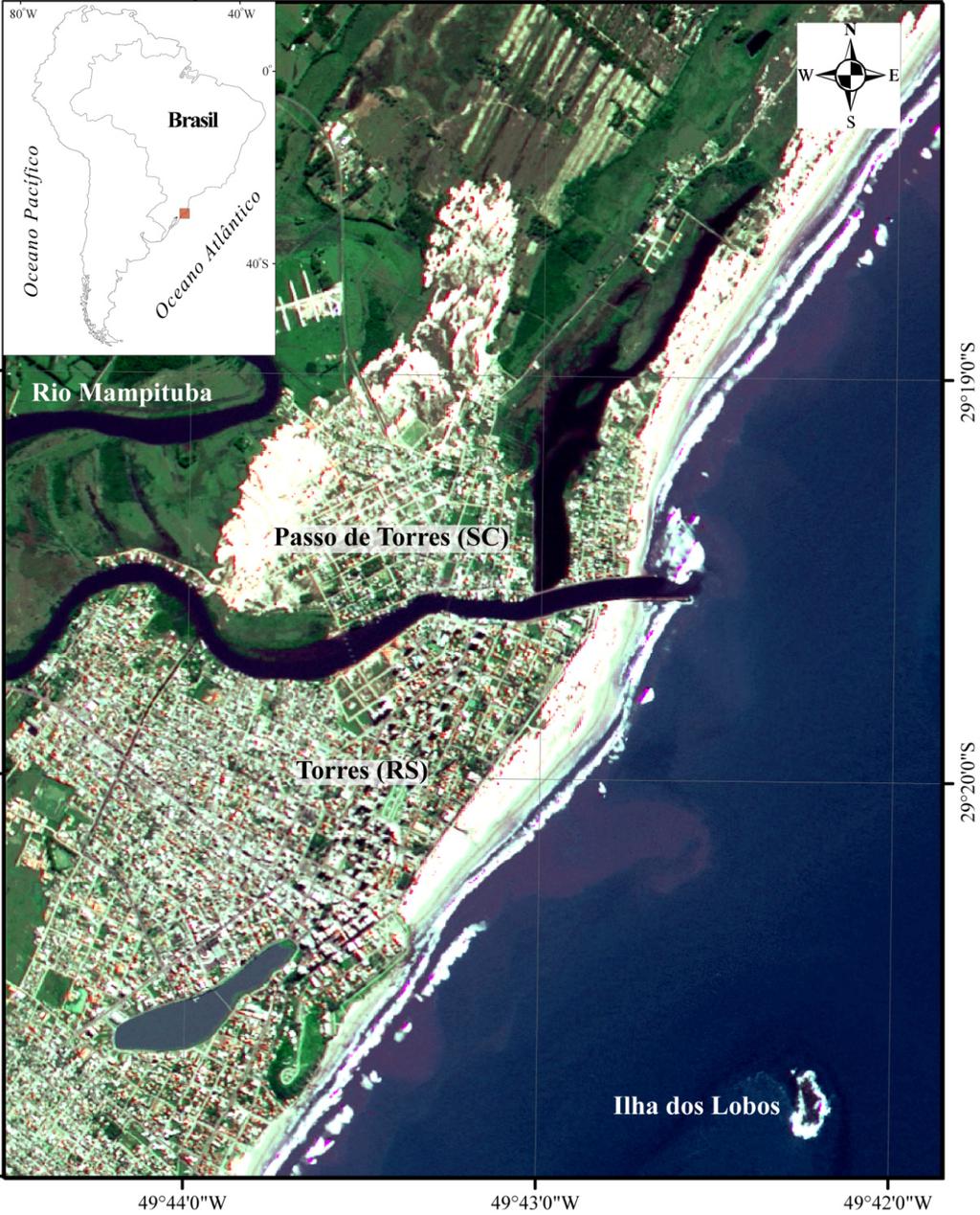 Zasso et al. 3 Figura 1. Carta Imagem com a localização da área de estudo, com a Praia de Passo de Torres ao norte da desembocadura e a Praia Grande em Torres ao sul da mesma.