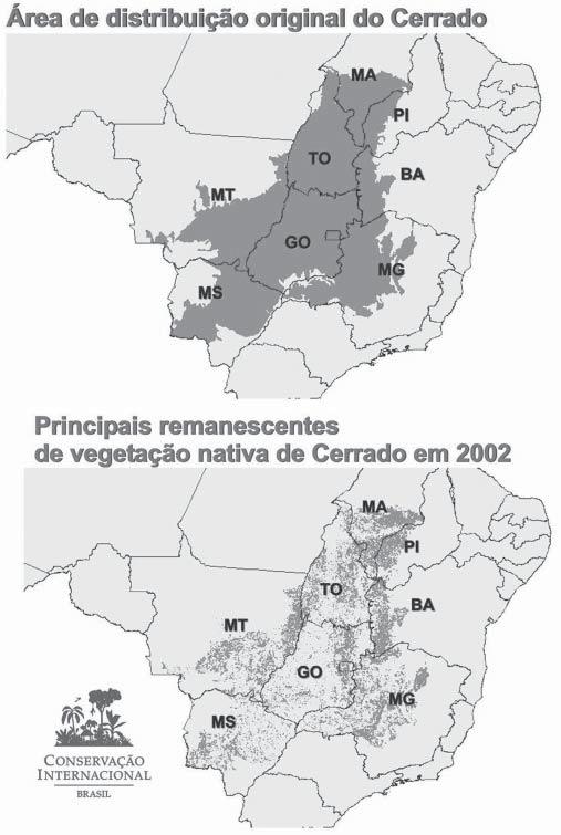 10 Sobre os cartogramas selecionados, assinale a única opção que indica um fator não relacionado à redução da área do domínio morfoclimático mostrado.