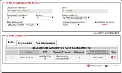 Entrar opção de menu <Agendamento> e submenu <Exame Prático CFC>. 3. Informar <Categoria>, <Banca>, <Endereço Banca>, <Dia da Semana> e <Horário> 4. Clicar na opção LISTAR CANDIDATOS. 5.