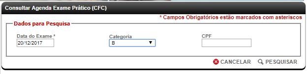 sistema necessita para localizar o exame pratico agendado, após clicar em Pesquisar o sistema carregará informações do agendamento.