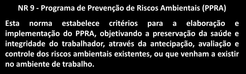 NR 9 - Programa de Prevenção de Riscos Ambientais (PPRA) Esta norma estabelece critérios para a elaboração e implementação do PPRA,