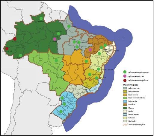Macroregiões e sub-pólos estratégicos para o reordenamento territorial brasileiro Fonte: Estudo da Dimensão Estratégica para o Planejamento/SPI.
